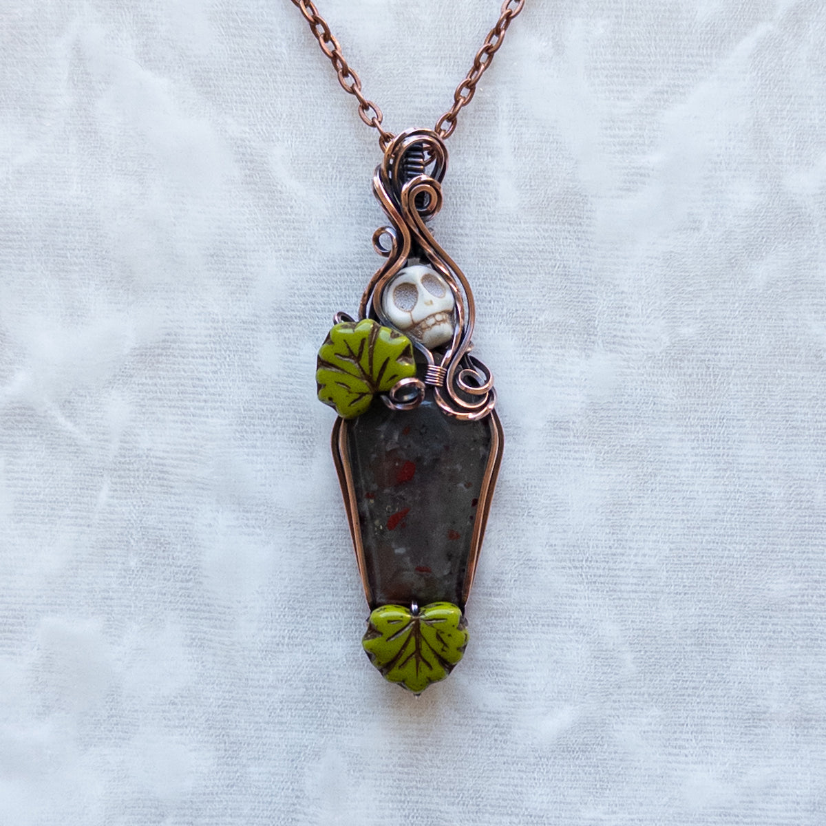 African Bloodstone Coffin & Skull Antiqued Copper Pendant With Czech Glass Leaves