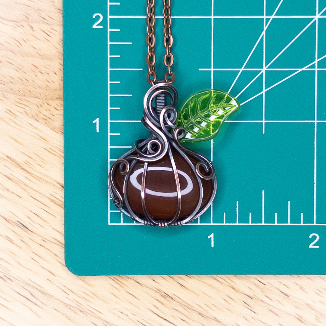 Carnelian & Glass Leaf Antiqued Copper Pumpkin Pendant
