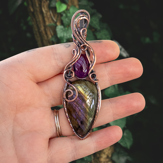 Unique Purple/Green Labradorite & Amethyst Antiqued Copper Statement Pendant