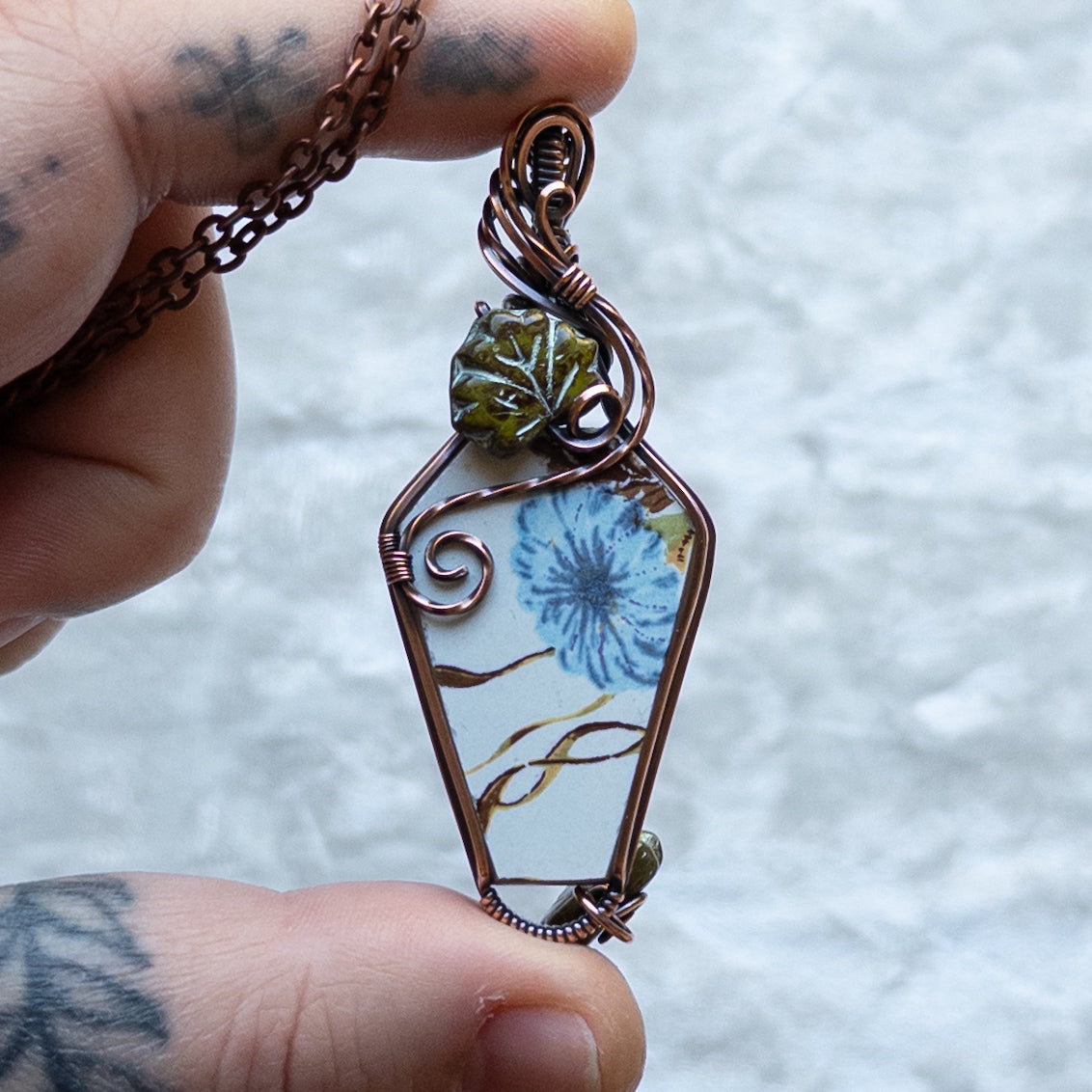 Vintage China Coffin Pendant With Czech Glass Leaves - Antiqued Copper
