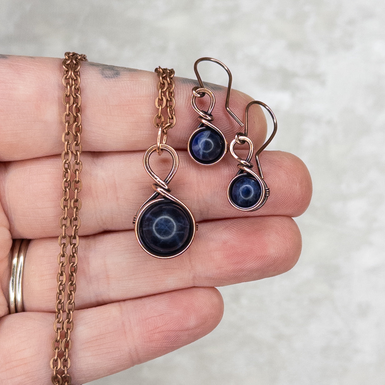 Drops of Sodalite Antiqued Copper Necklace & Earring Set
