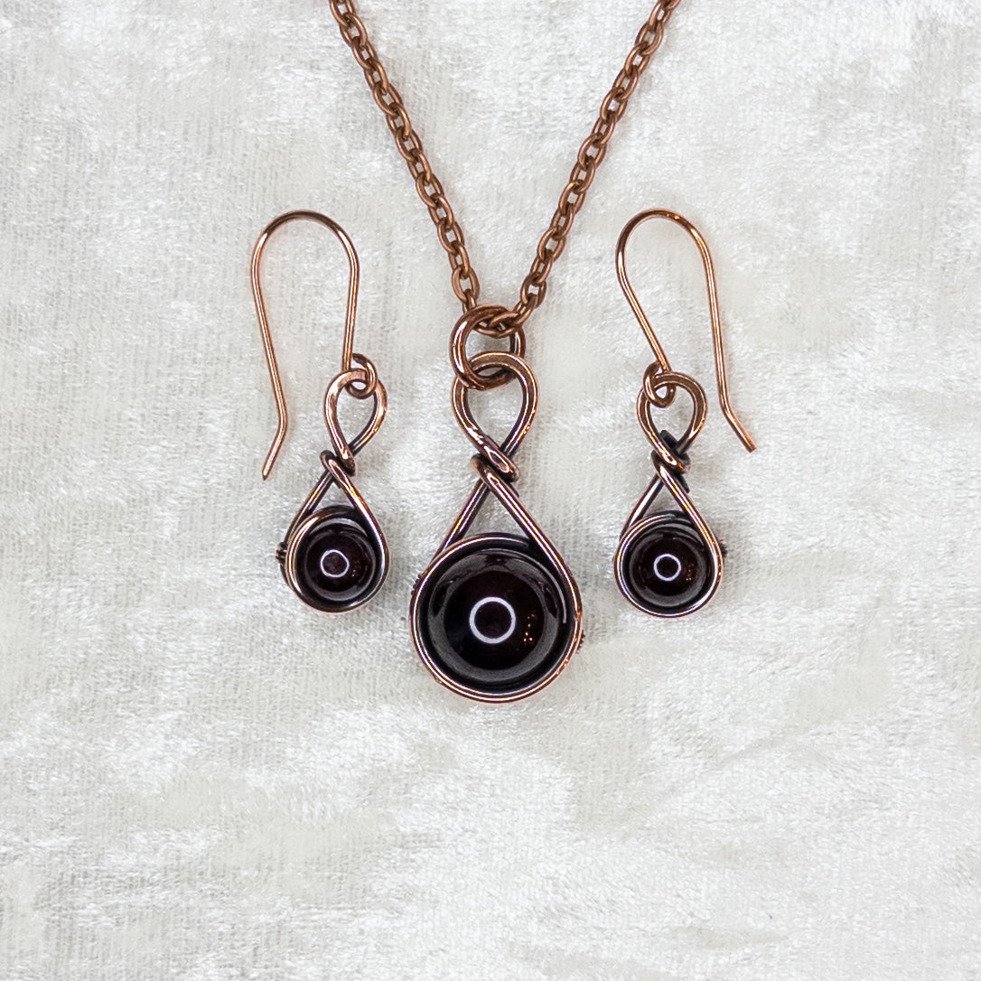 Drops of Garnet Antiqued Copper Pendant & Earrings Set
