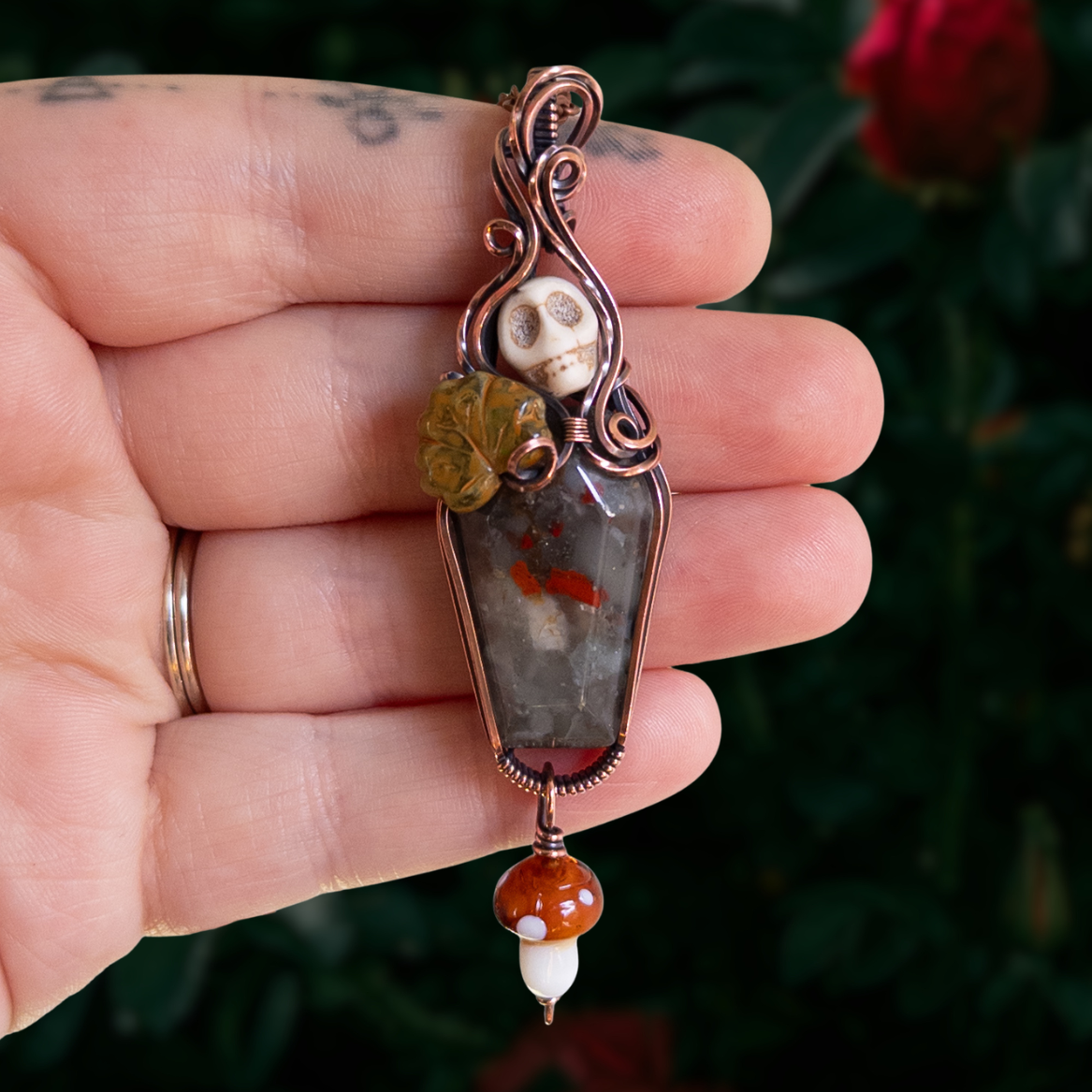 African Bloodstone Coffin Antiqued Copper Pendant With Skull, Leaf, & Dangling Glass Mushroom