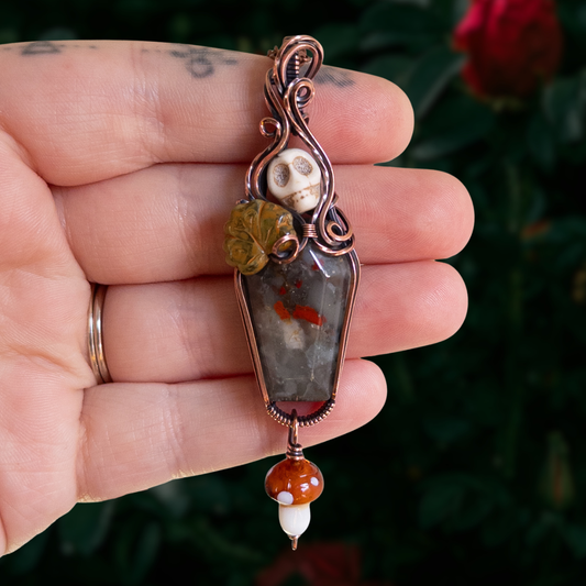 African Bloodstone Coffin Antiqued Copper Pendant With Skull, Leaf, & Dangling Glass Mushroom