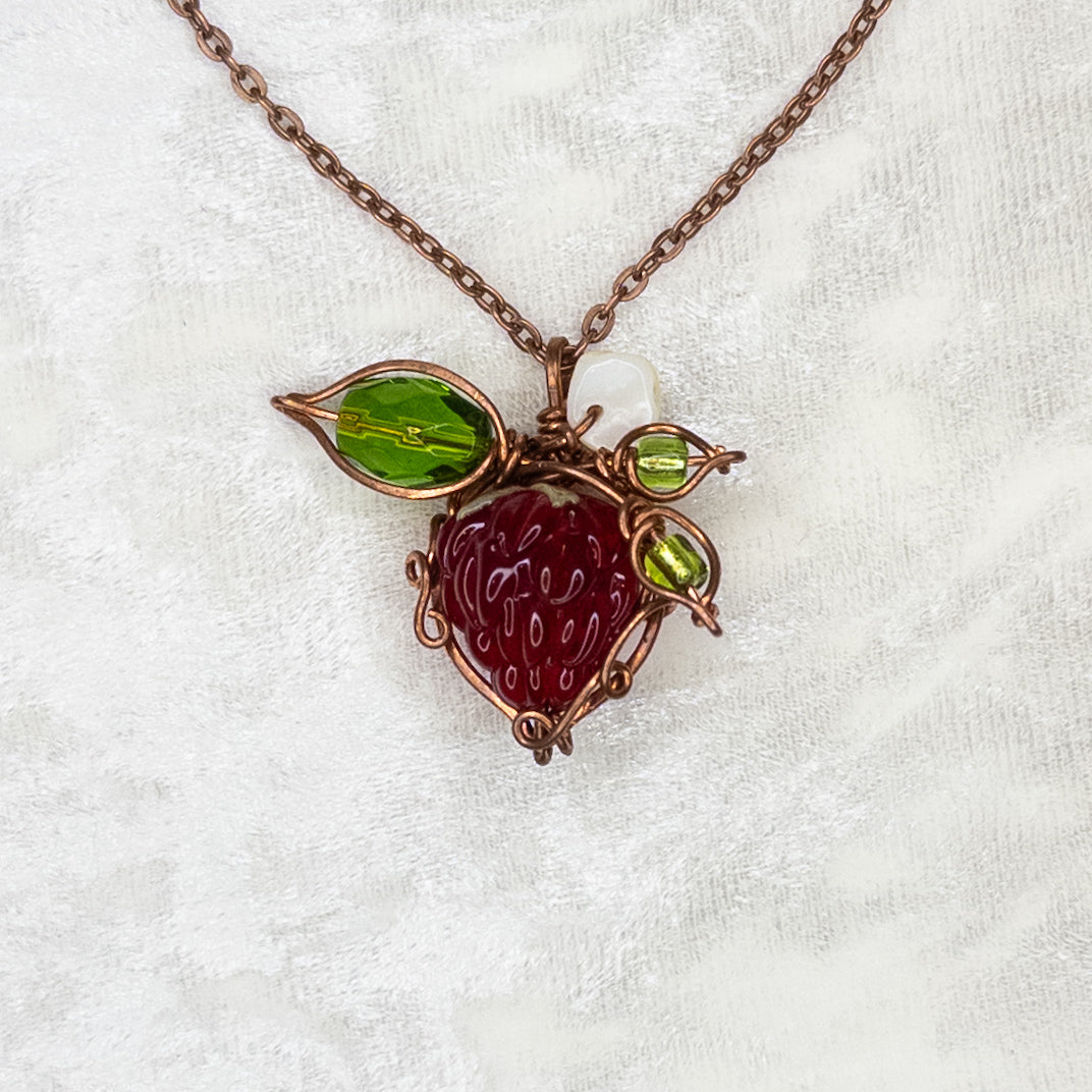 Whimsical Glass Raspberry Copper Wrapped Pendant with Shell Flower - C