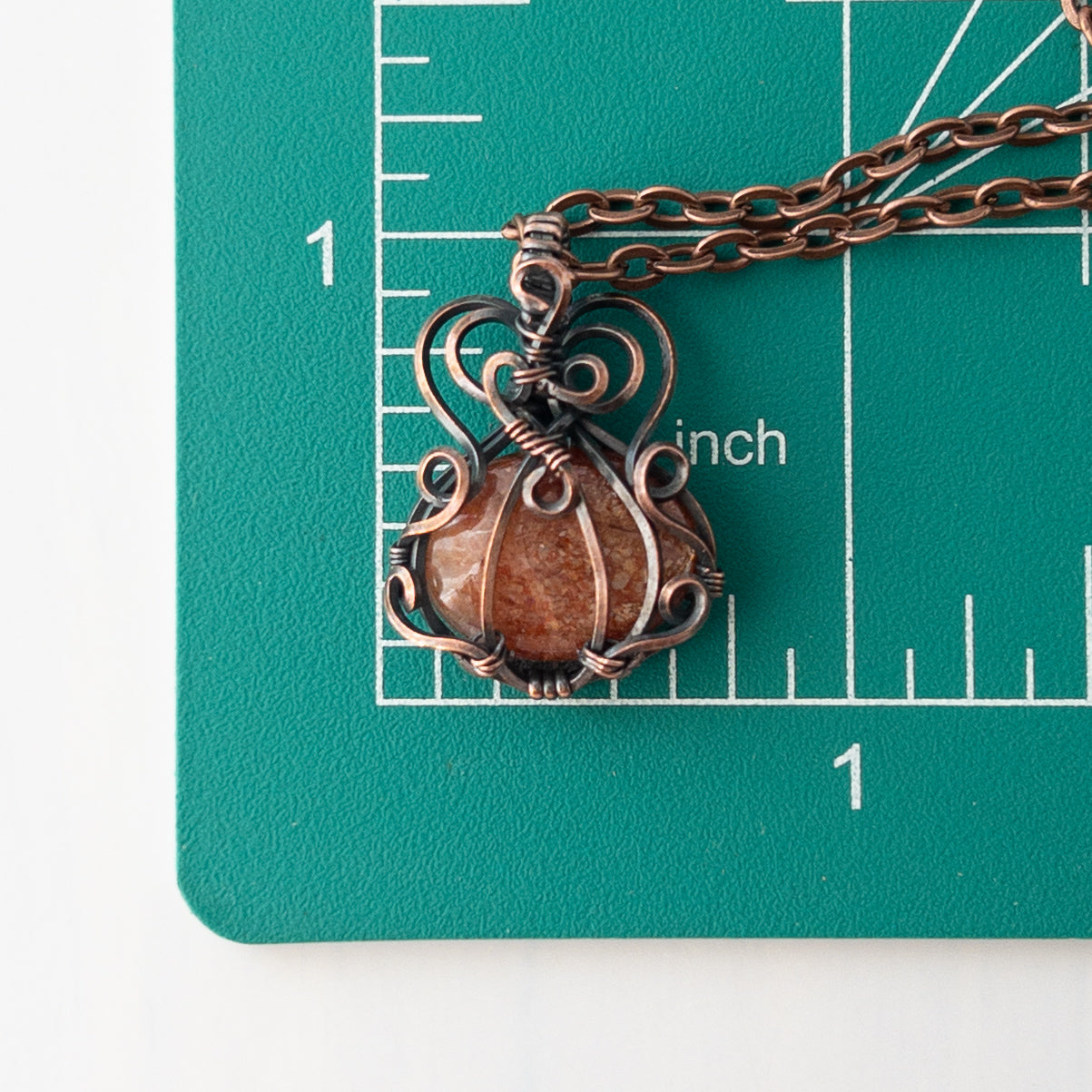 Dainty Sunstone Pumpkin Antiqued Copper Wrapped Pendant