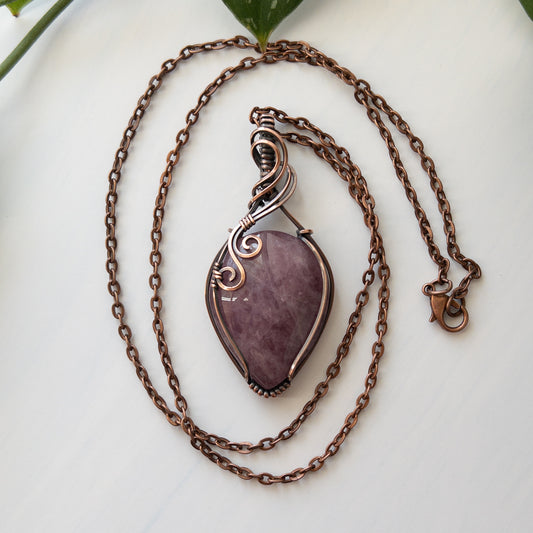 Lavender Rose Quartz & Copper Wrapped Pendant