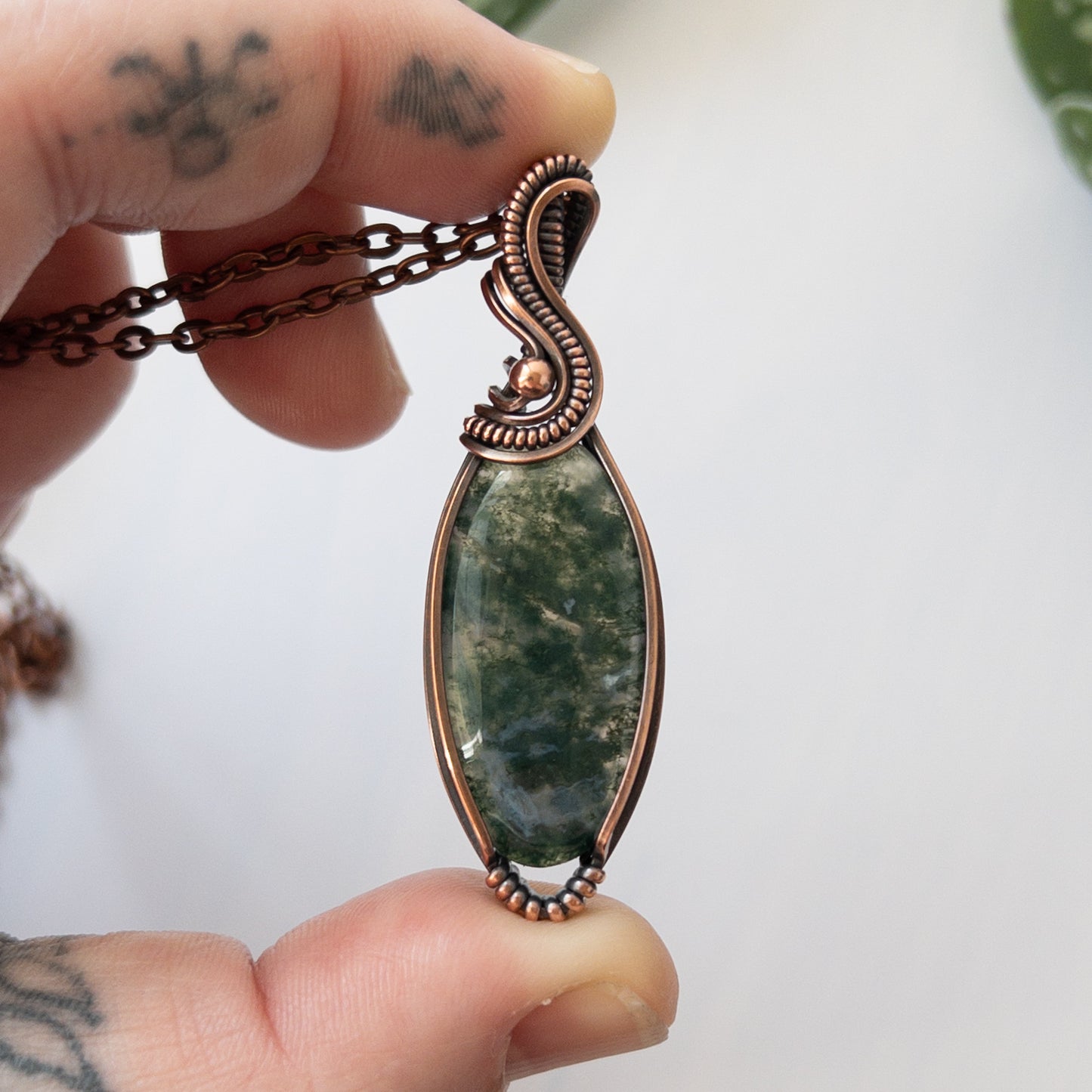 Moss Agate & Copper Wrapped Pendant