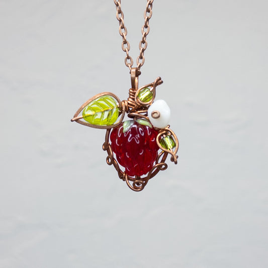 Whimsical Glass Raspberry Copper Wrapped Pendant with Shell Flower - F