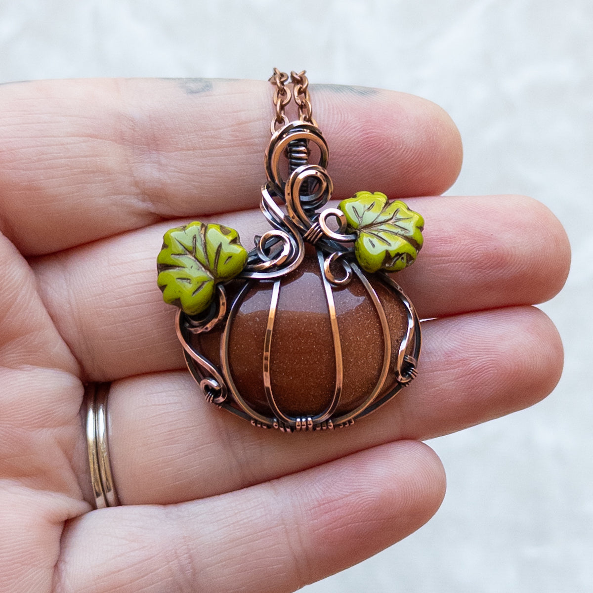 Orange Goldstone Antiqued Copper Pumpkin Pendant With Czech Glass Leaves