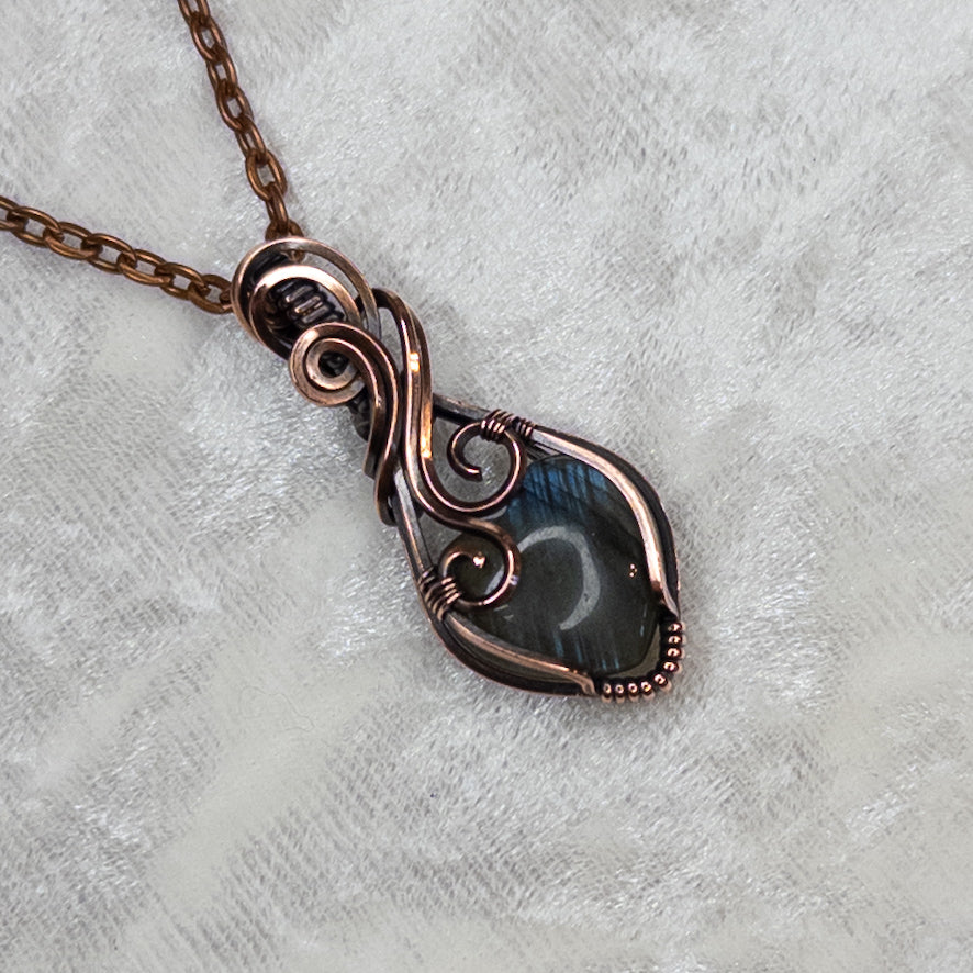 Mini Labradorite Heart Antiqued Copper Pendant