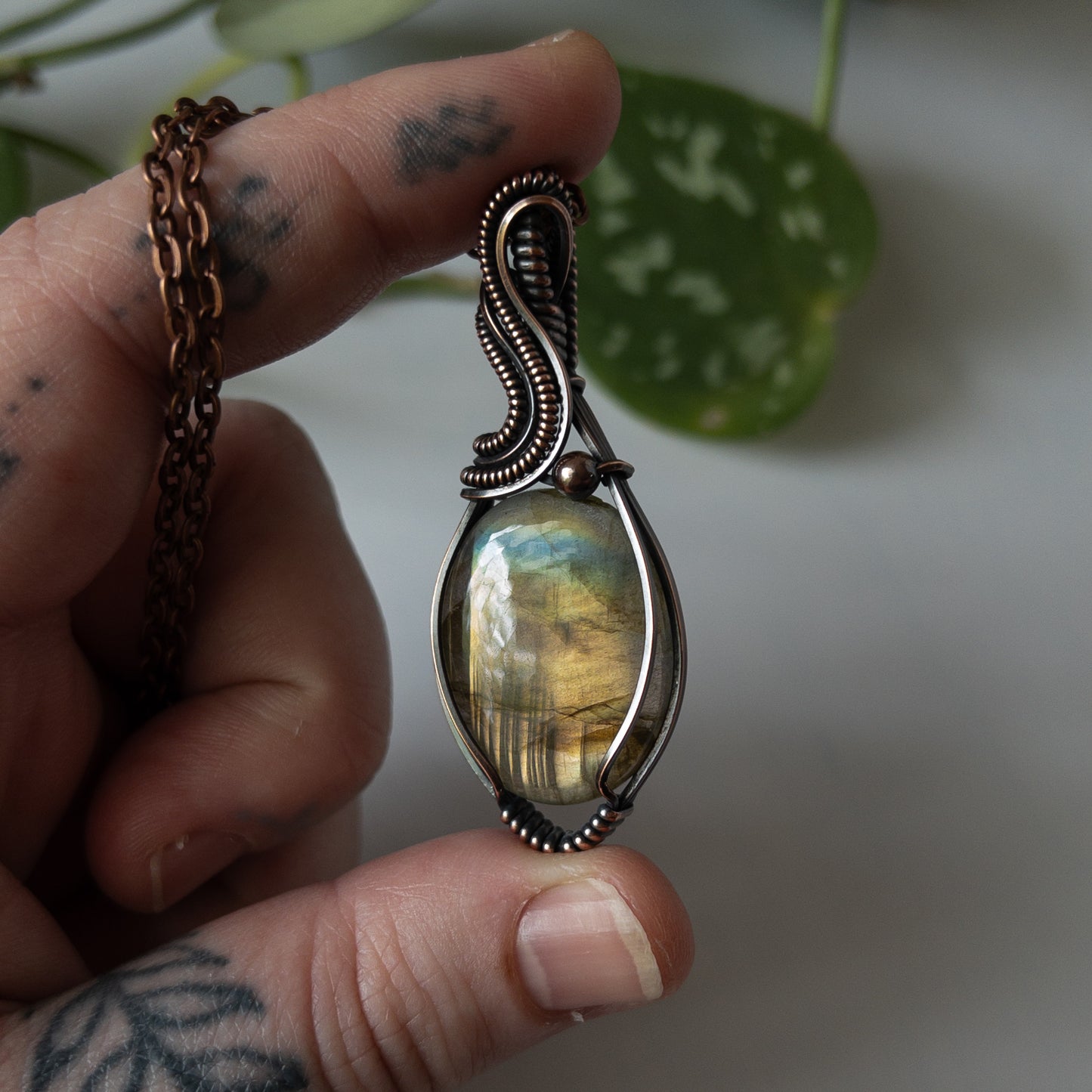 Unique Flash Labradorite & Copper Wrapped Pendant