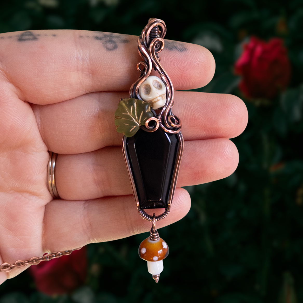 Obsidian Coffin Antiqued Copper Pendant With Skull, Leaf, & Dangling Glass Mushroom