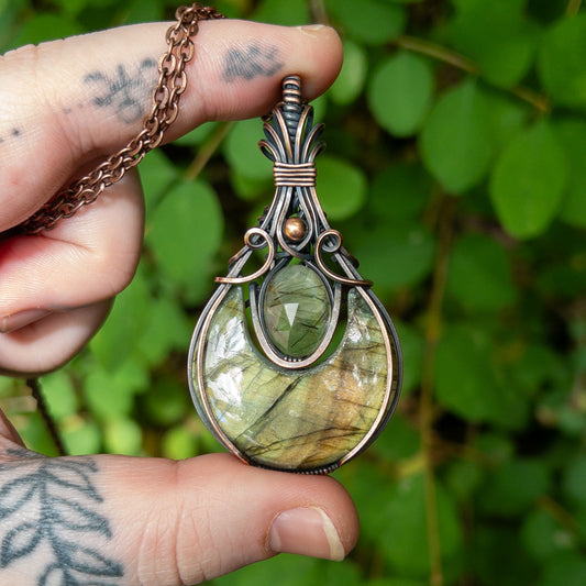 Labradorite Moon & Faceted Green Rutile Copper Wrapped Pendant