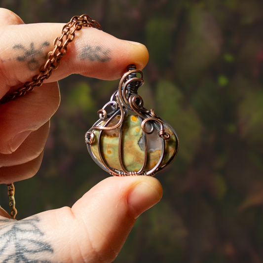 Rainforest Jasper Antiqued Copper Pumpkin Pendant