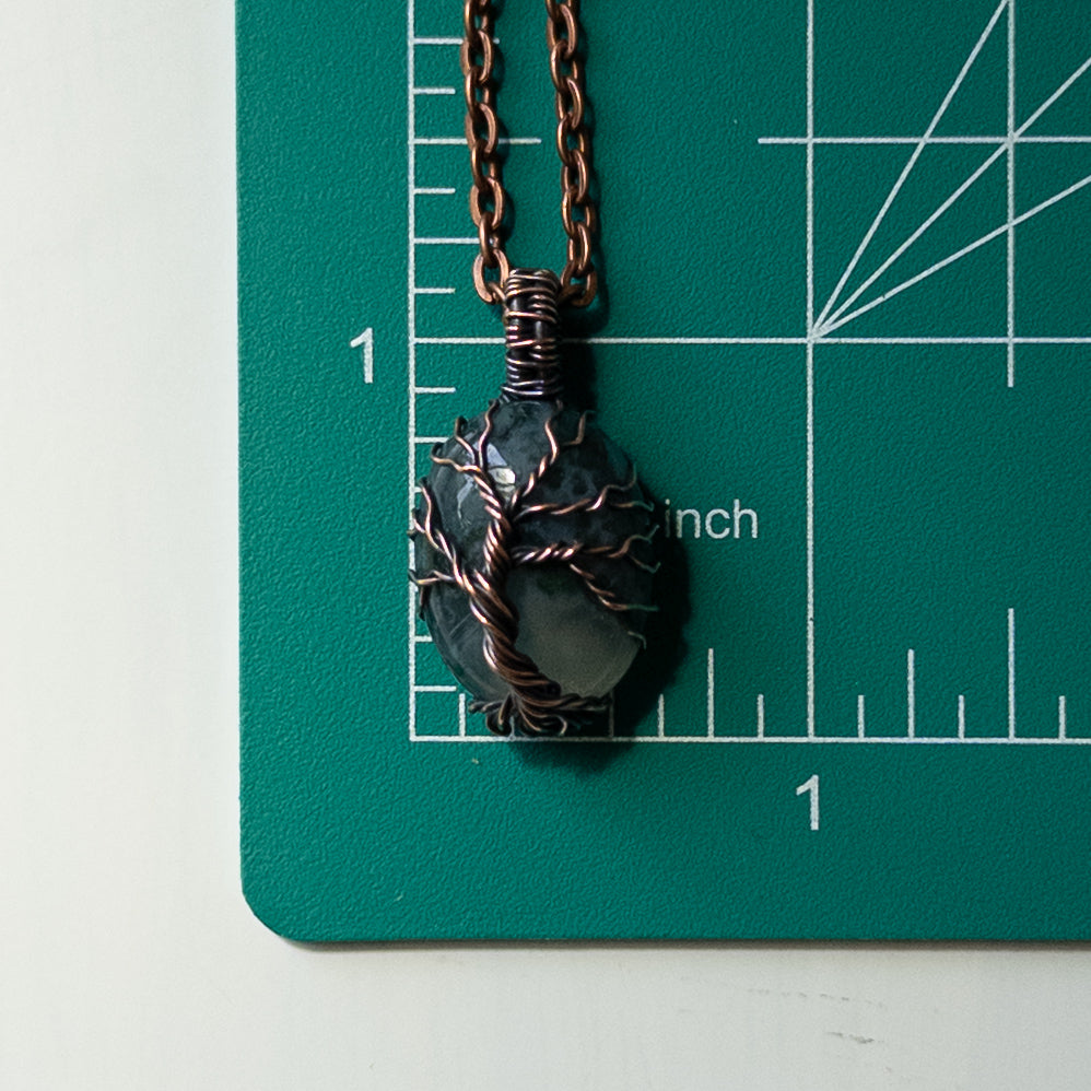 Moss Agate Tree Oval Antiqued Copper Pendant
