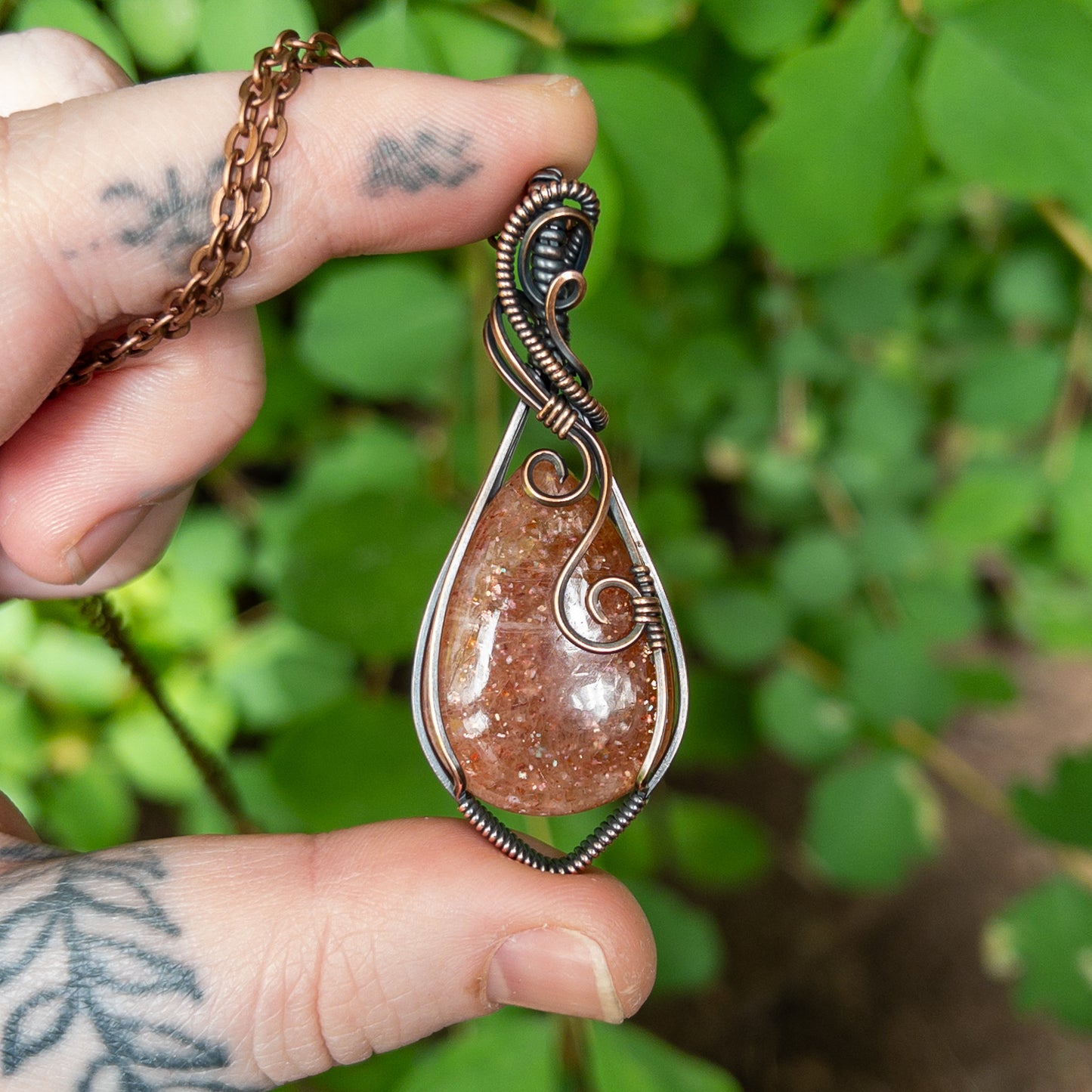 Sunstone & Antiqued Copper Wrapped Pendant