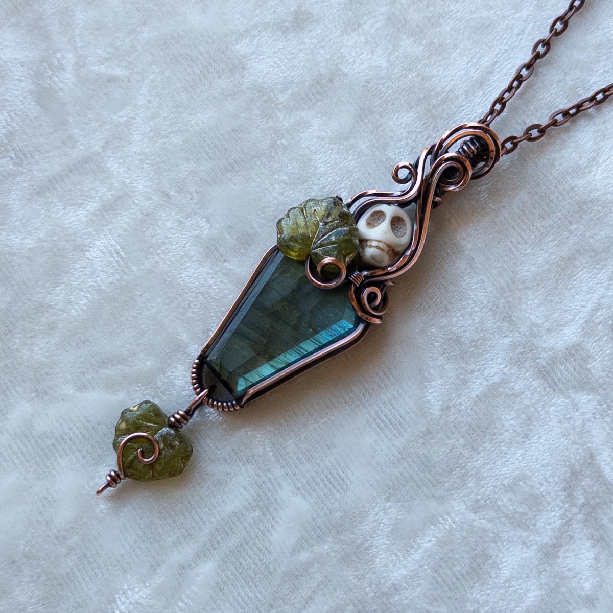 Labradorite Coffin & Skull Antiqued Copper Pendant With Czech Glass Leaves