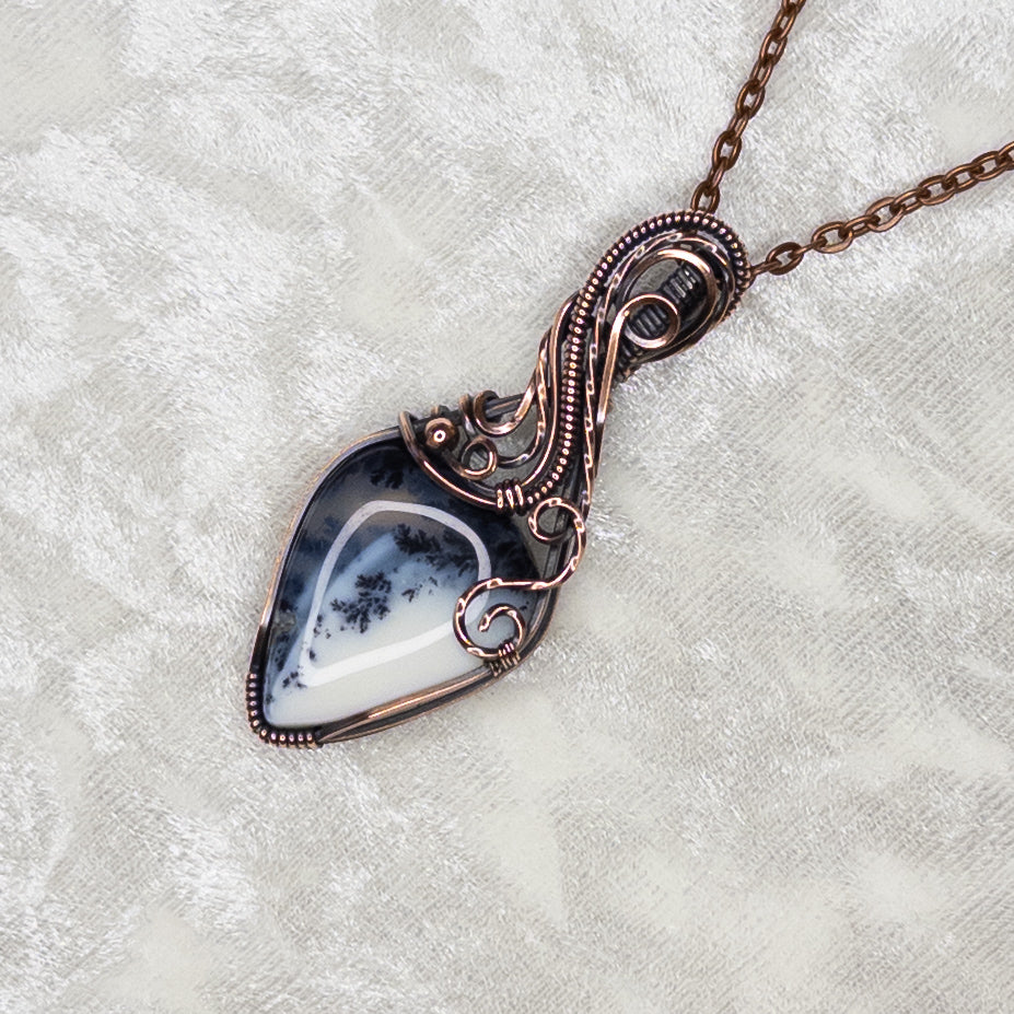 Dendritic White Opal Antiqued Copper Pendant