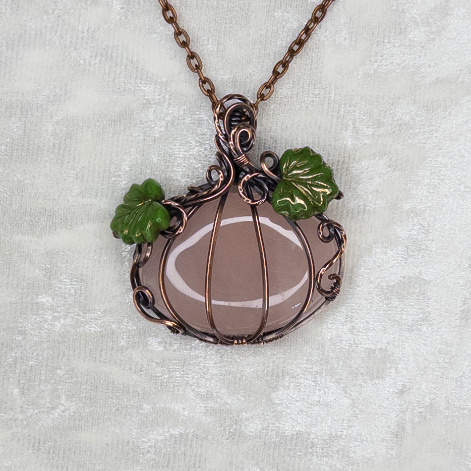 Large Rose Quartz Antiqued Copper Pumpkin Pendant With Czech Glass Leaves