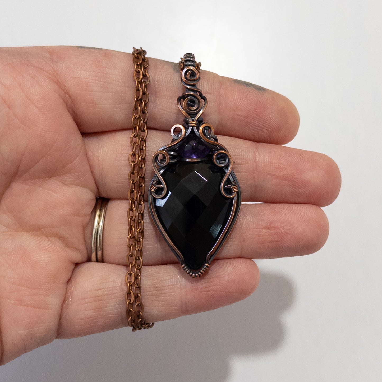 Faceted Obsidian & Amethyst Copper Wrapped Pendant