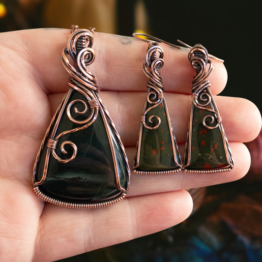 Bloodstone Jasper Antiqued Copper Pendant & Earring Set