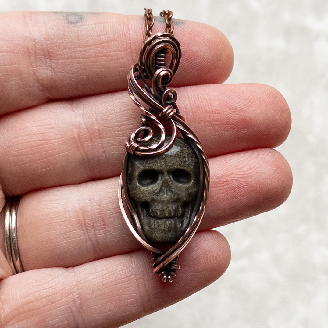Gold Sheen Obsidian Skull Antiqued Copper Pendant