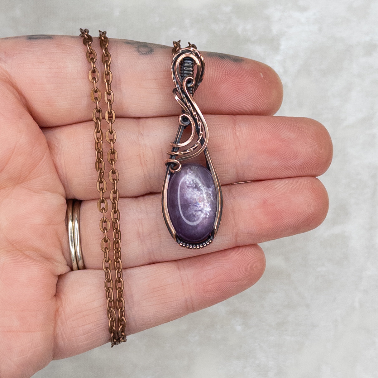 Gemmy Lepidolite Antiqued Copper Pendant