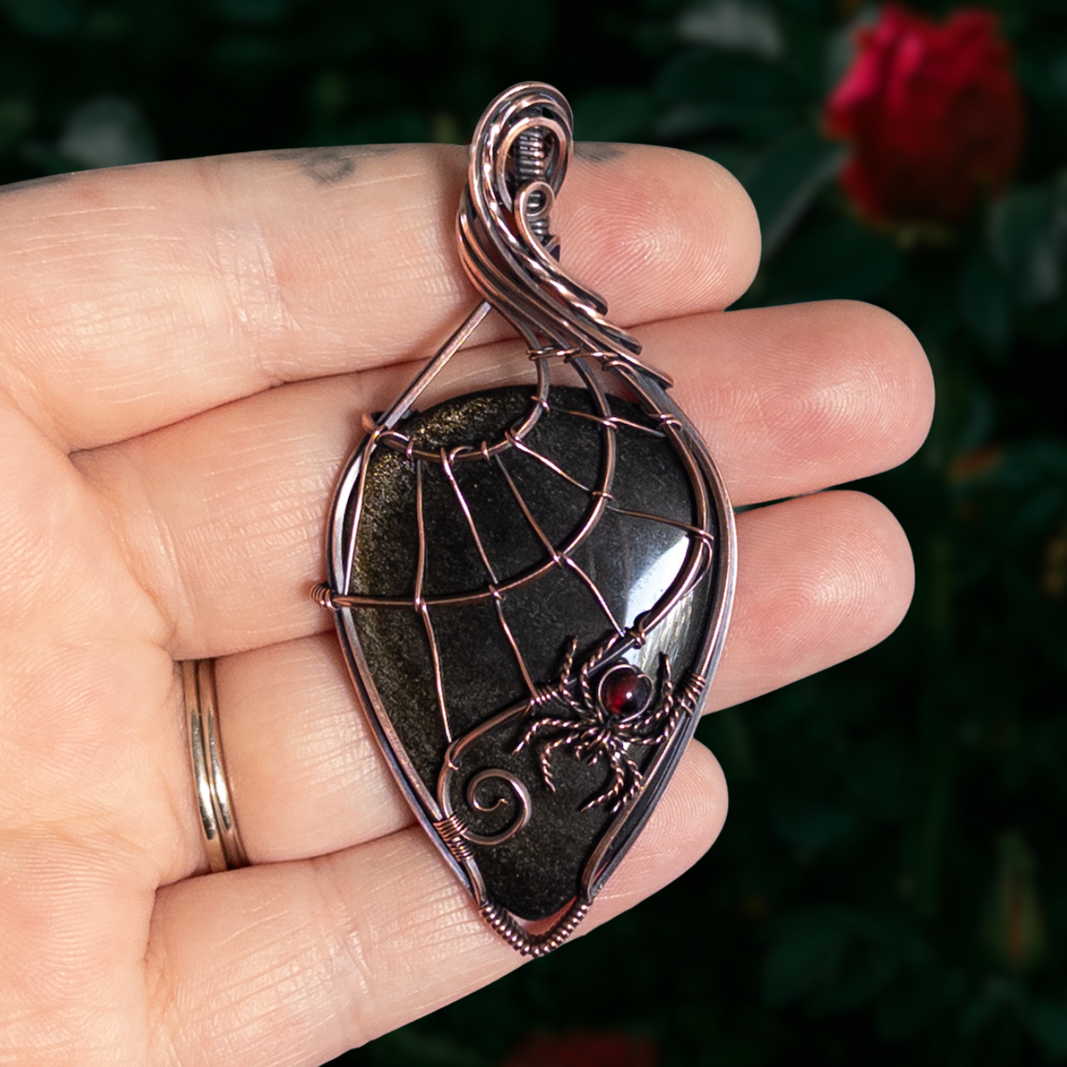 Gold Sheen Obsidian Web & Garnet Spider Pendant - Antiqued Copper