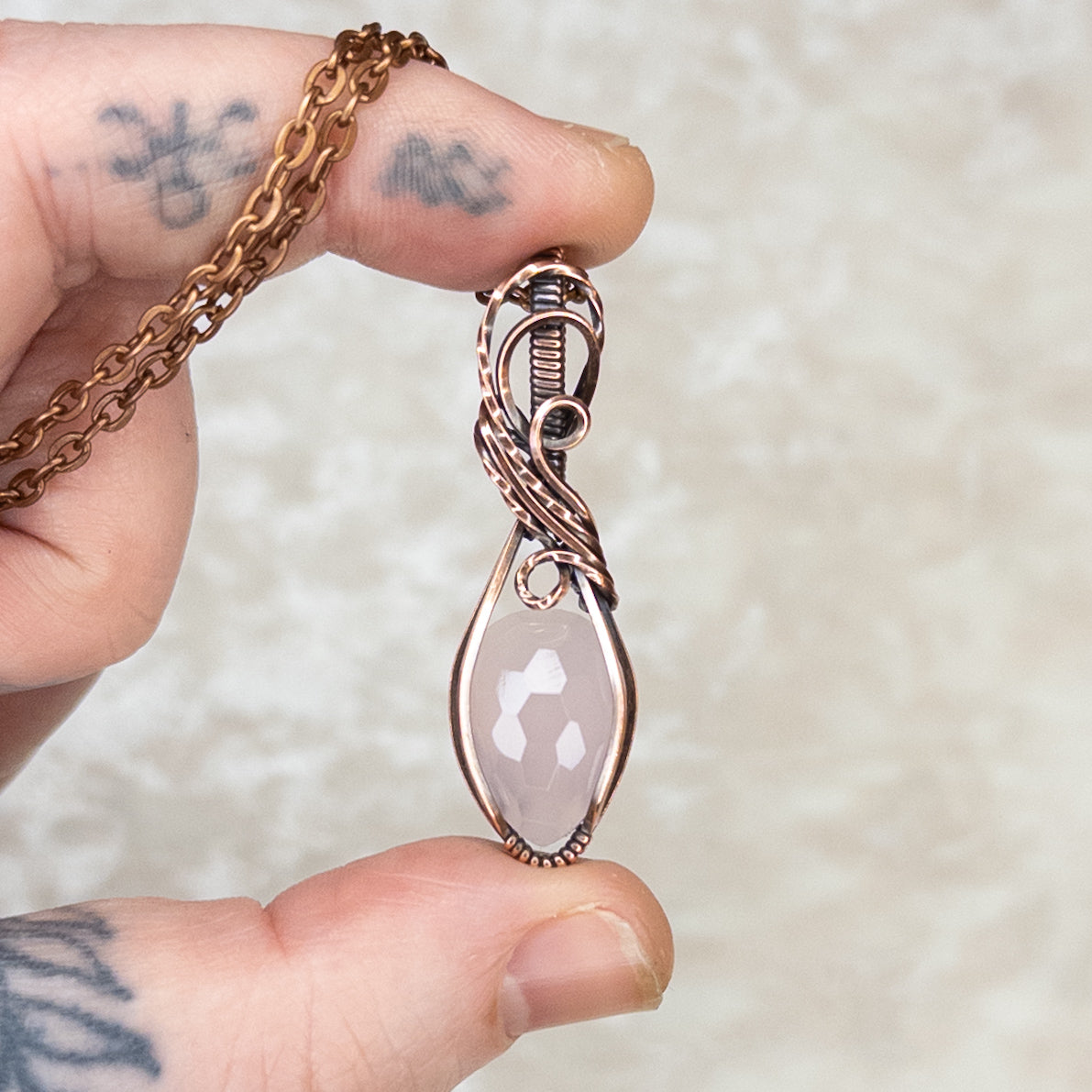 Rose Cut Pink Chalcedony Antiqued Copper Pendant