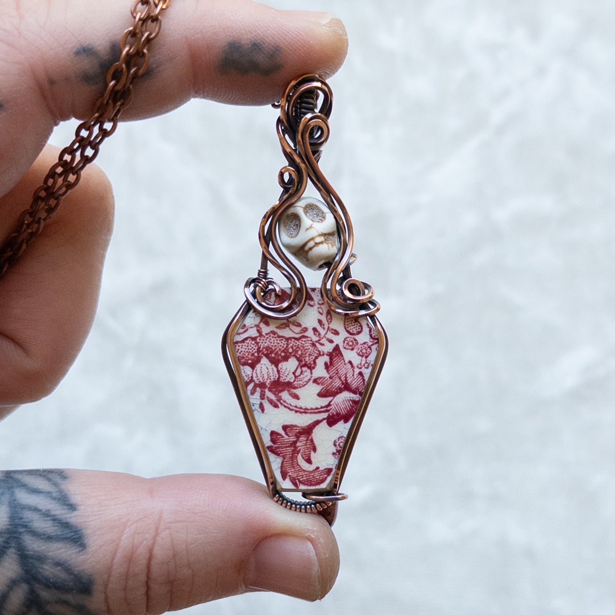 Vintage China Coffin, Skull, & Heart Antiqued Copper Pendant