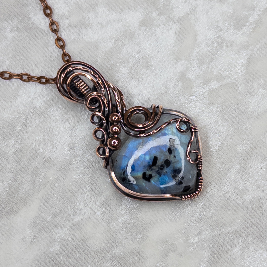 Rainbow Moonstone W/ Black Tourmaline Antiqued Copper Pendant
