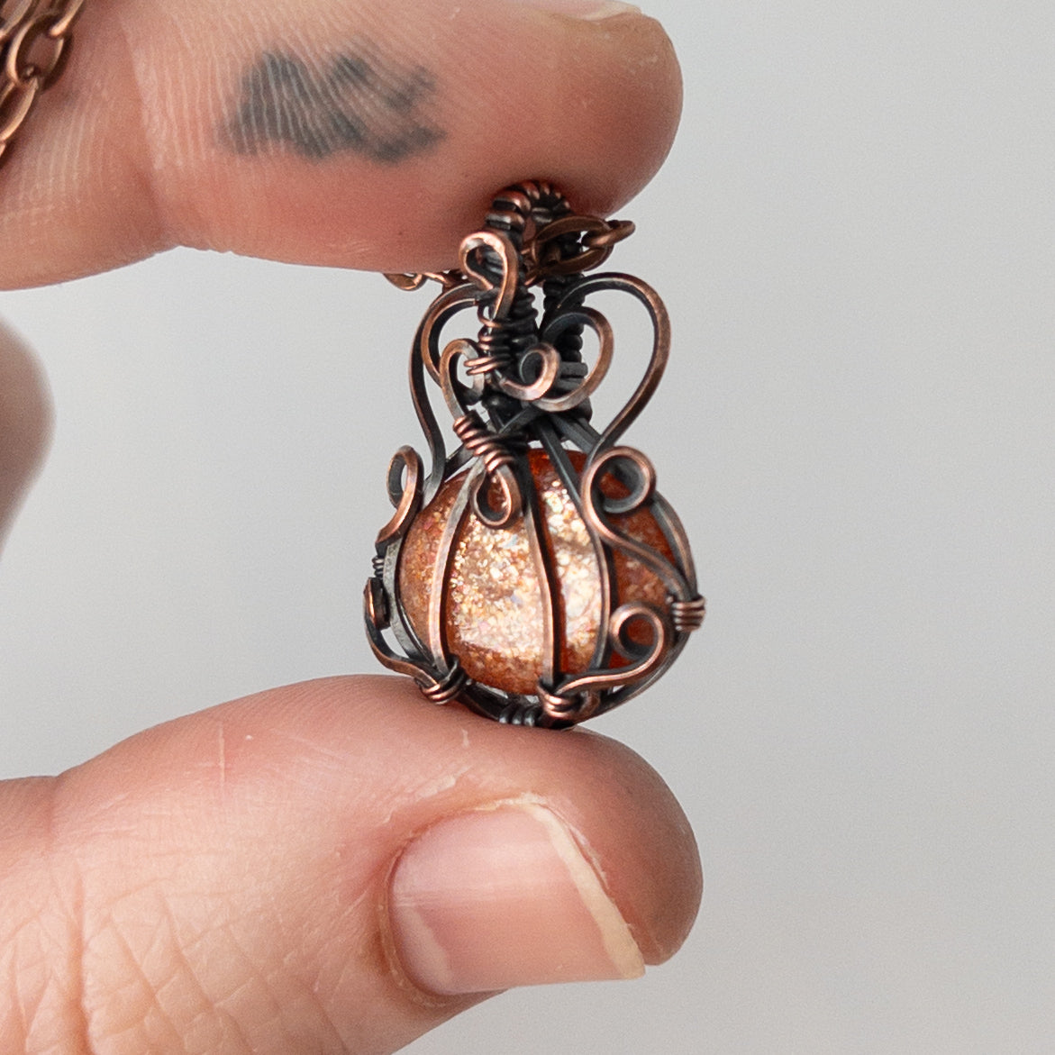 Dainty Sunstone Pumpkin Antiqued Copper Wrapped Pendant