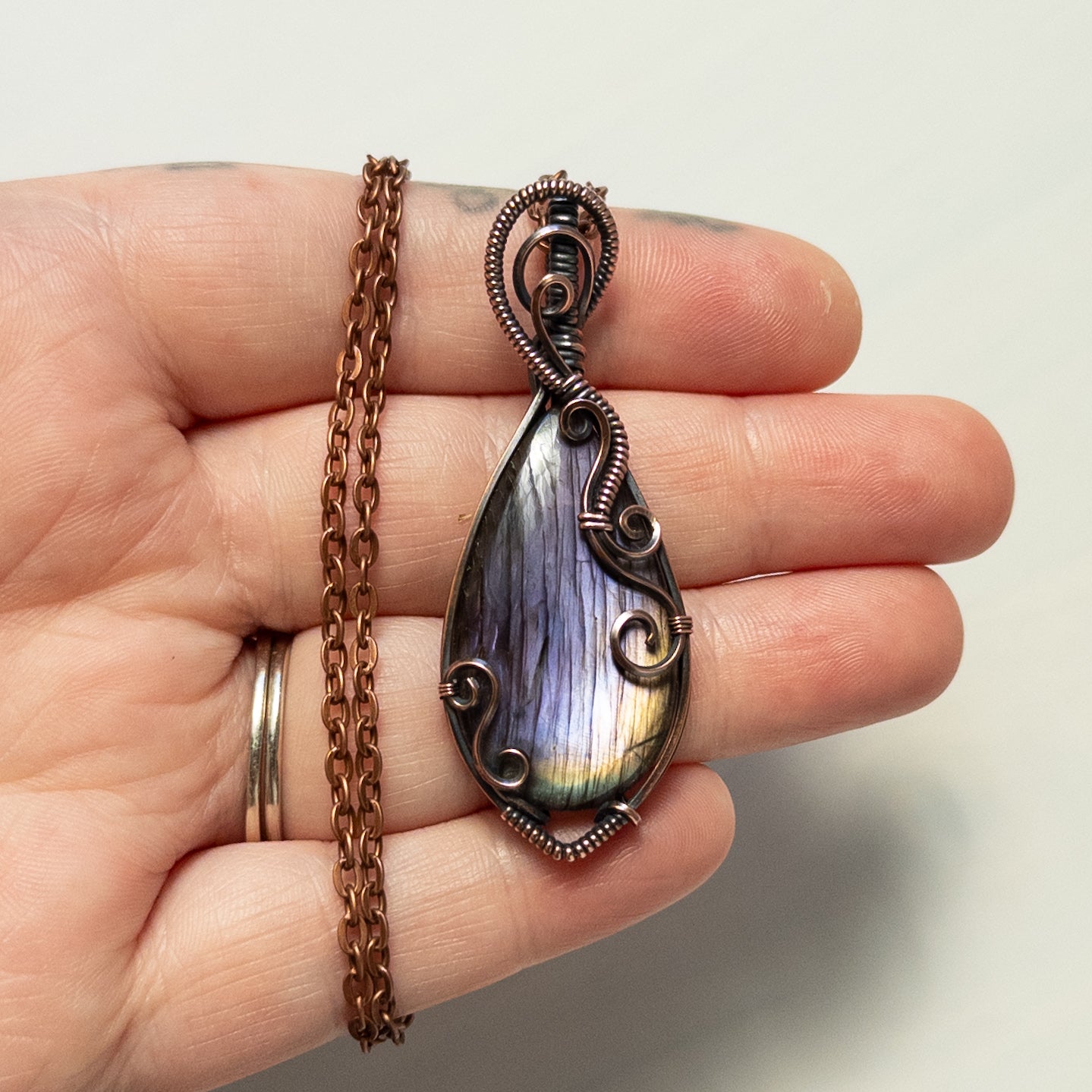 Purple Labradorite with Swirl Design Antiqued Copper Wrapped Pendant
