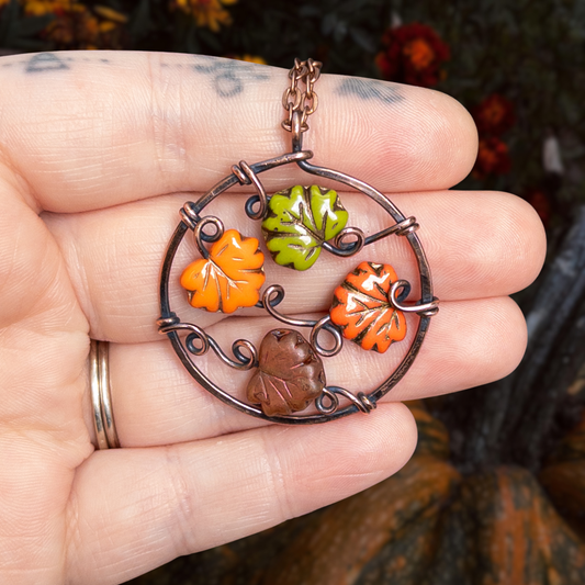 “Autumn Leaves” Antiqued Copper Pendant With Czech Glass Leaf Beads