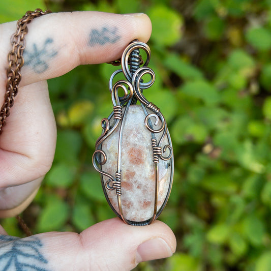 Tall Sunstone Pumpkin Antiqued Copper Wrapped Pendant