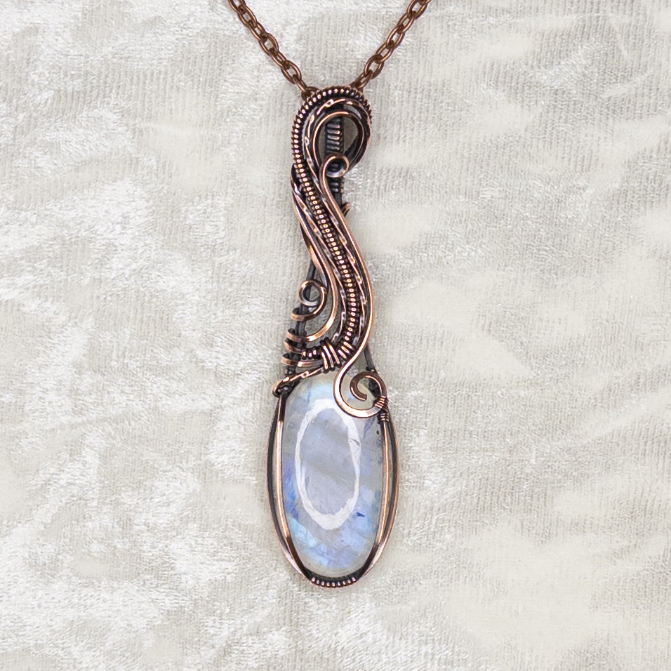 Blue Flash Moonstone Antiqued Copper Pendant