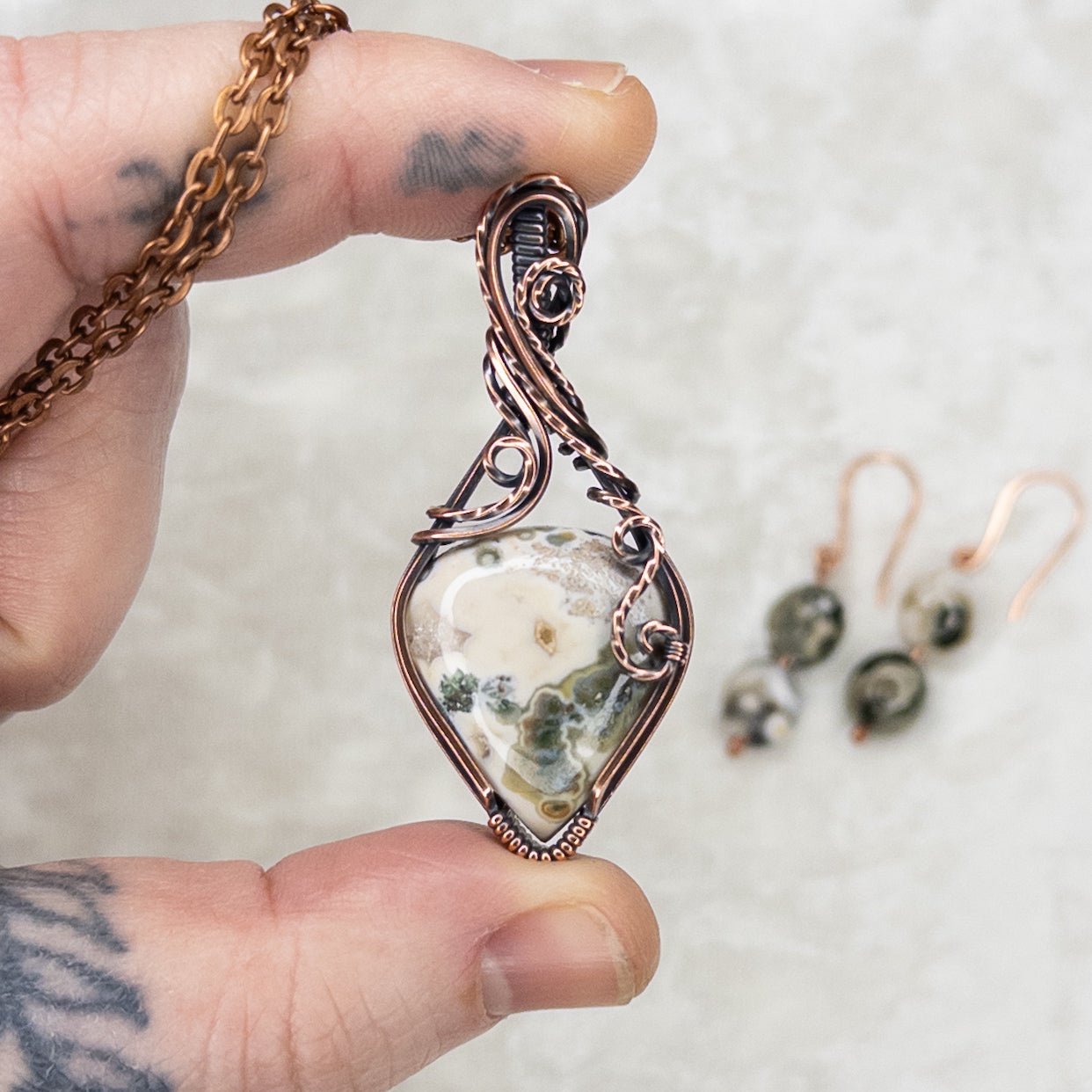 Ocean Jasper Antiqued Copper Pendant & Earring Set