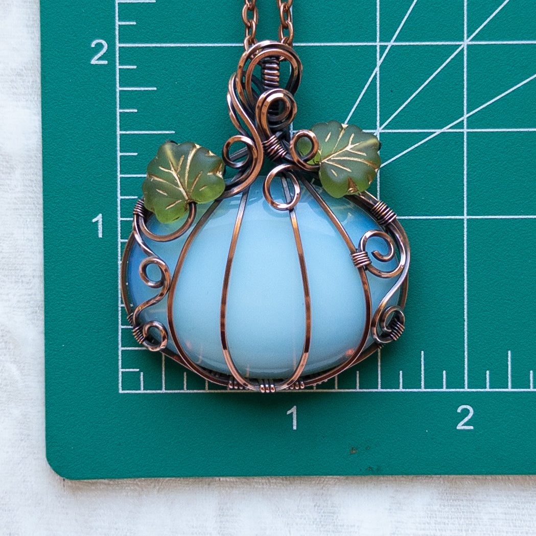 Opalite Glass Antiqued Copper Pumpkin Pendant With Czech Glass Leaves