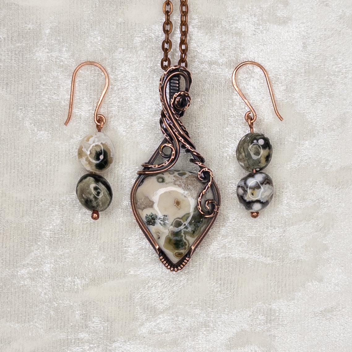 Ocean Jasper Antiqued Copper Pendant & Earring Set