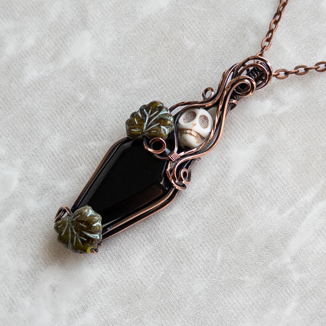 Obsidian Coffin & Skull Antiqued Copper Pendant With Czech Glass Leaves