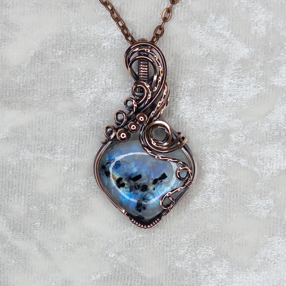 Rainbow Moonstone W/ Black Tourmaline Antiqued Copper Pendant