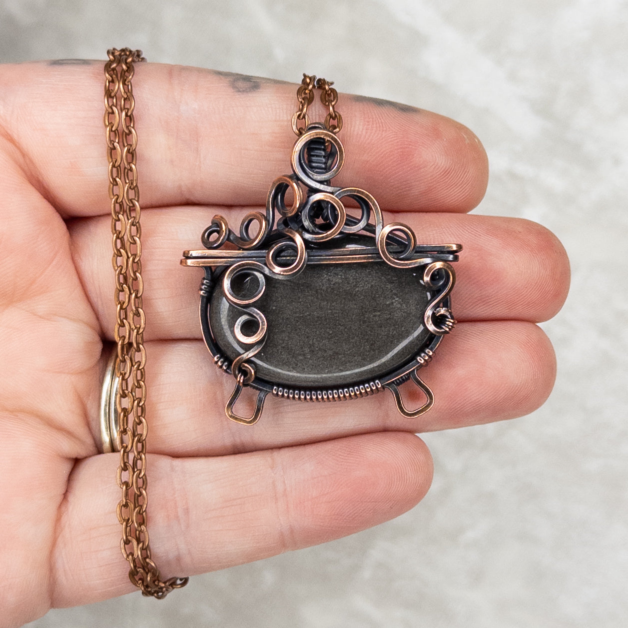 Silver Sheen Obsidian “Bubbling Cauldron” Antiqued Copper Pendant