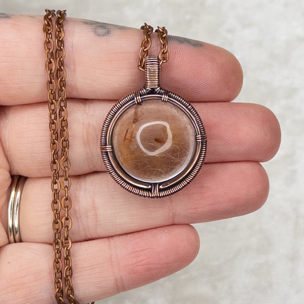 Gold Rutilated Quartz Antiqued Copper Medallion Pendant