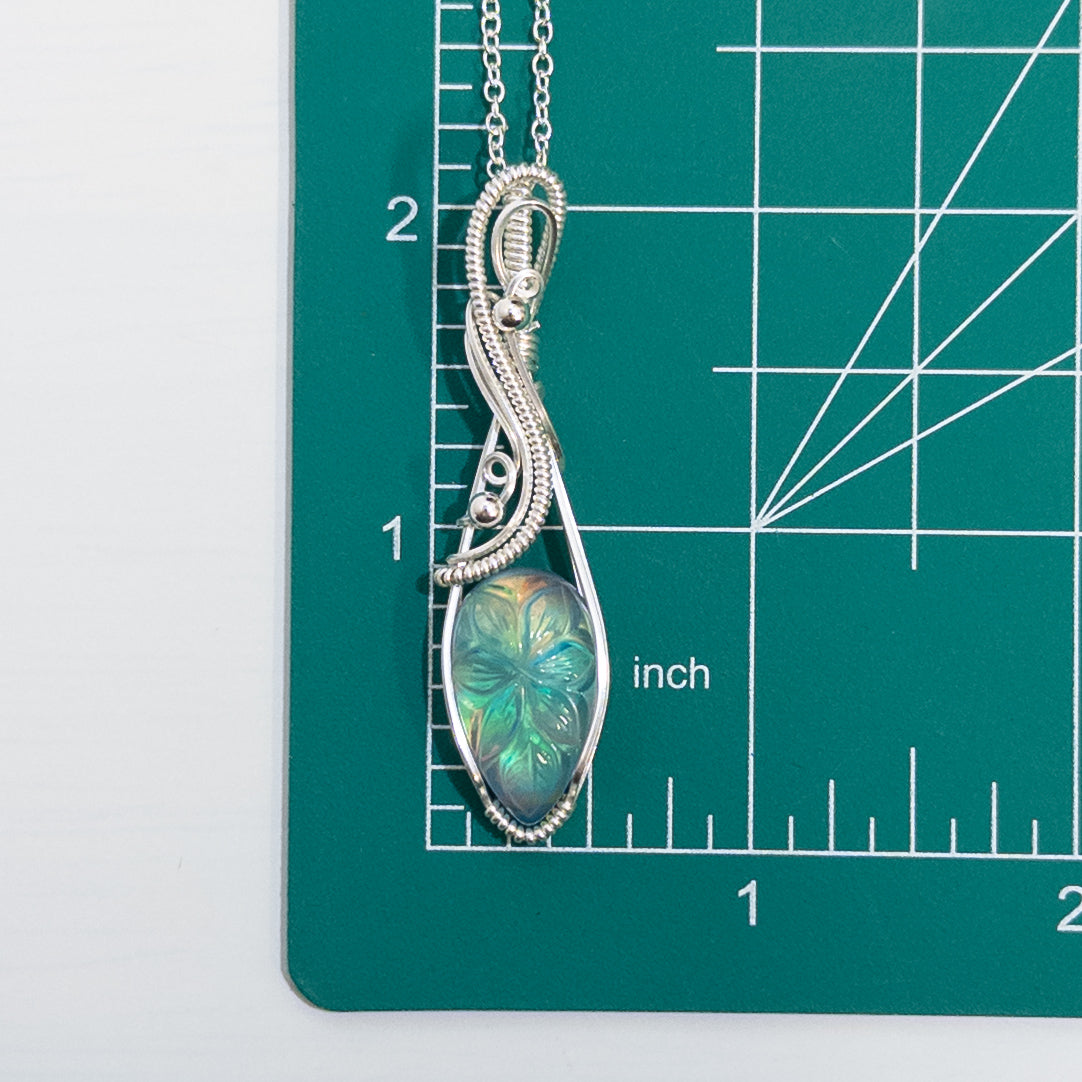 Leaf Motif Carved Aurora Opal & Quartz Doublet Sterling Silver Wire Wrapped Pendant