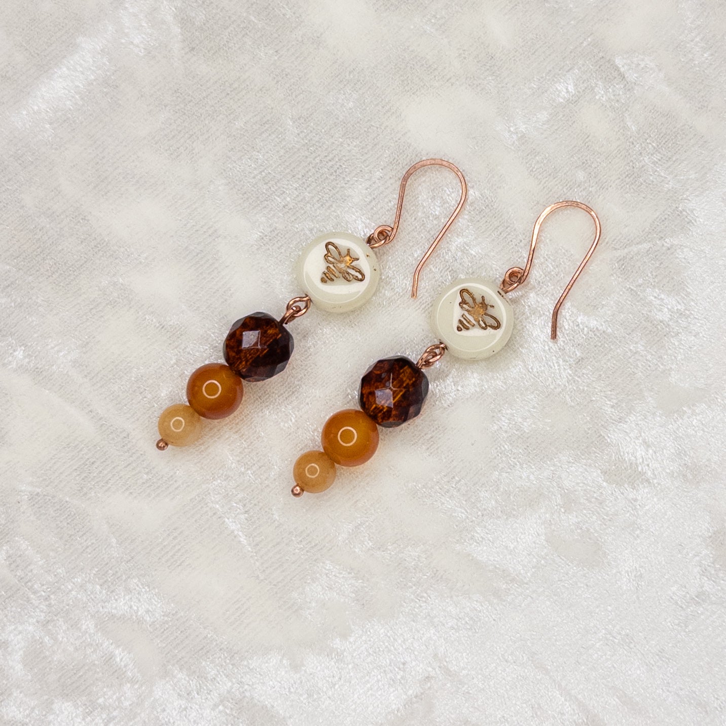 Honey Bee Earrings - Czech glass, carnelian, & orange aventurine beads