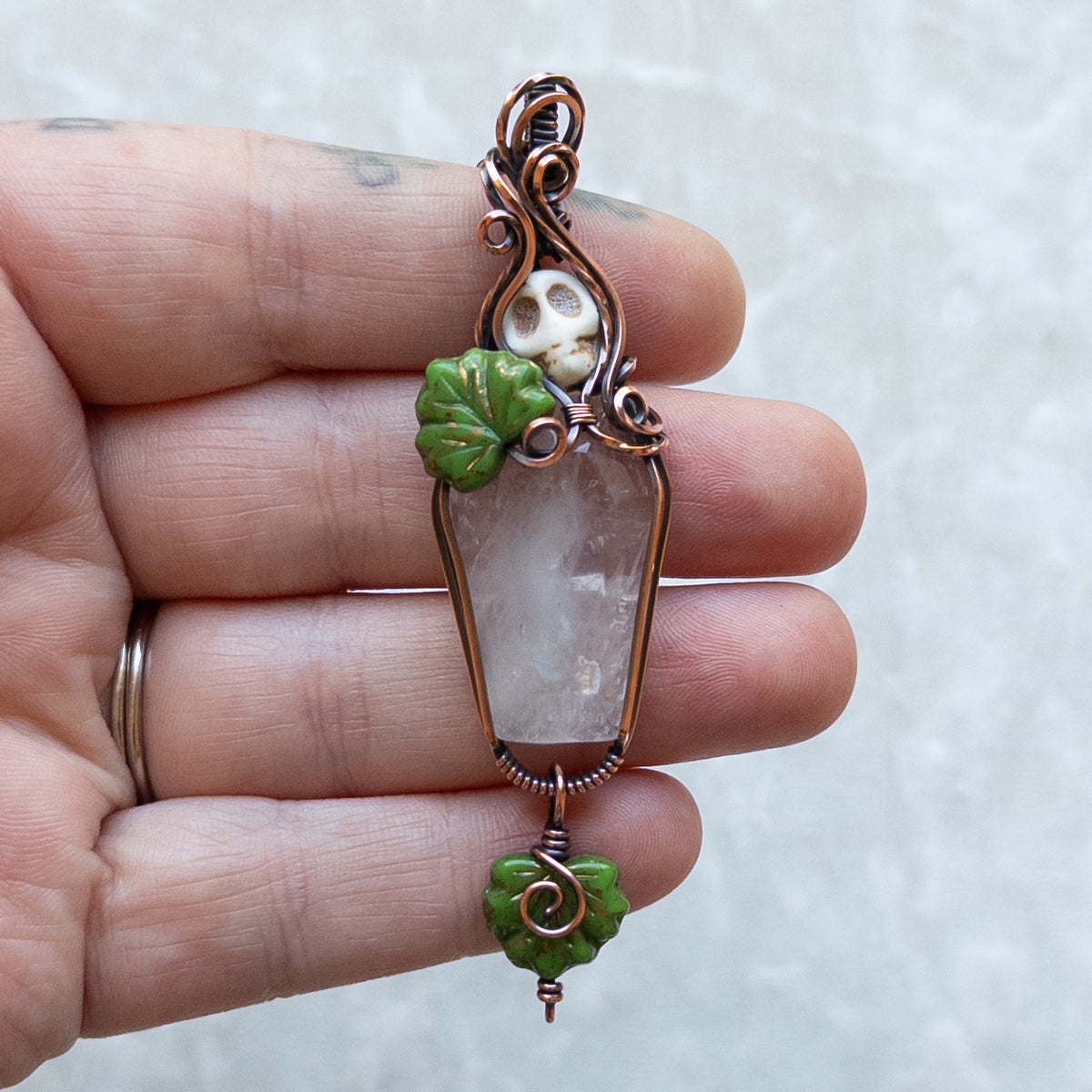 Quartz Coffin & Skull Antiqued Copper Pendant With Czech Glass Leaves