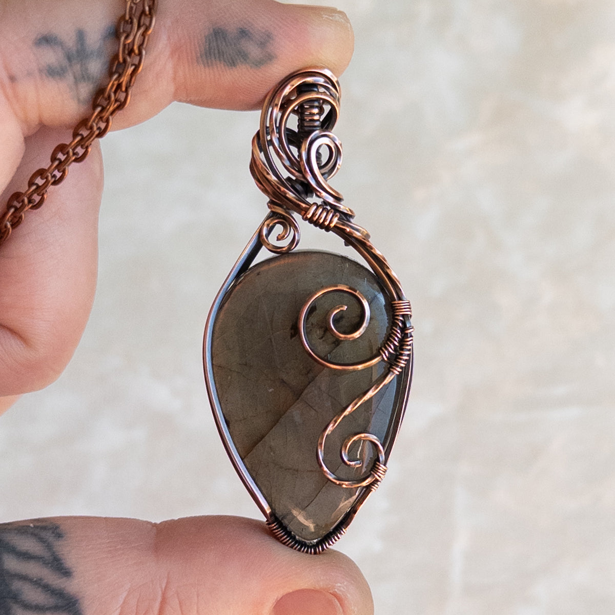 Orange & Yellow Labradorite Antiqued Copper Pendant