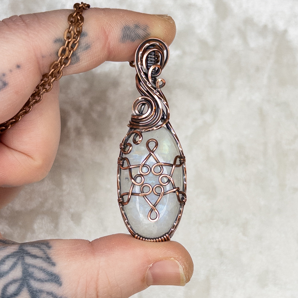 Rainbow Moonstone Snowflake Antiqued Copper Pendant