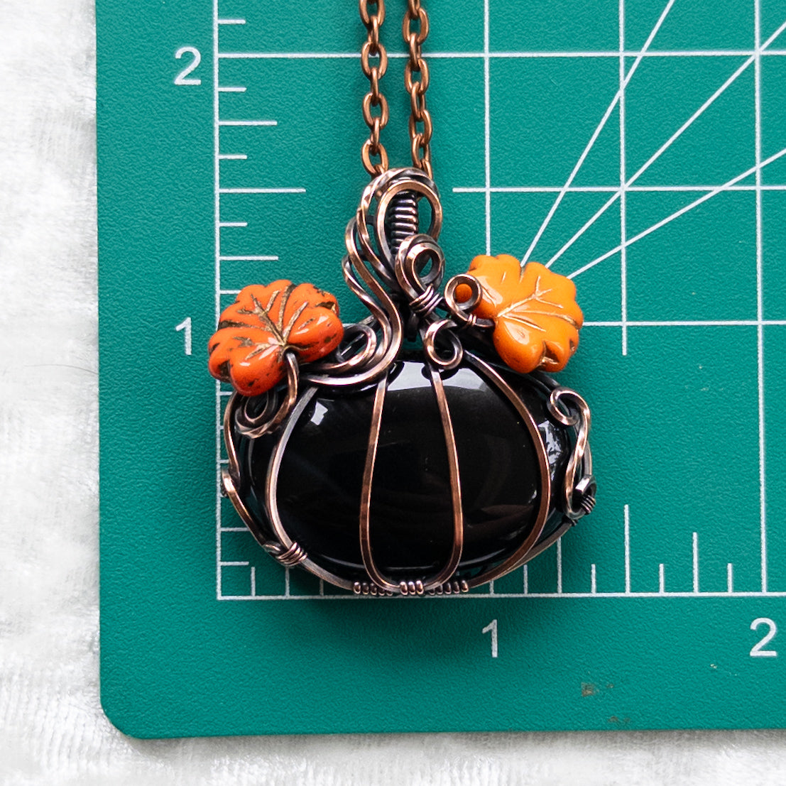 Black Onyx Pumpkin Antiqued Copper Pendant With Czech Glass Leaves